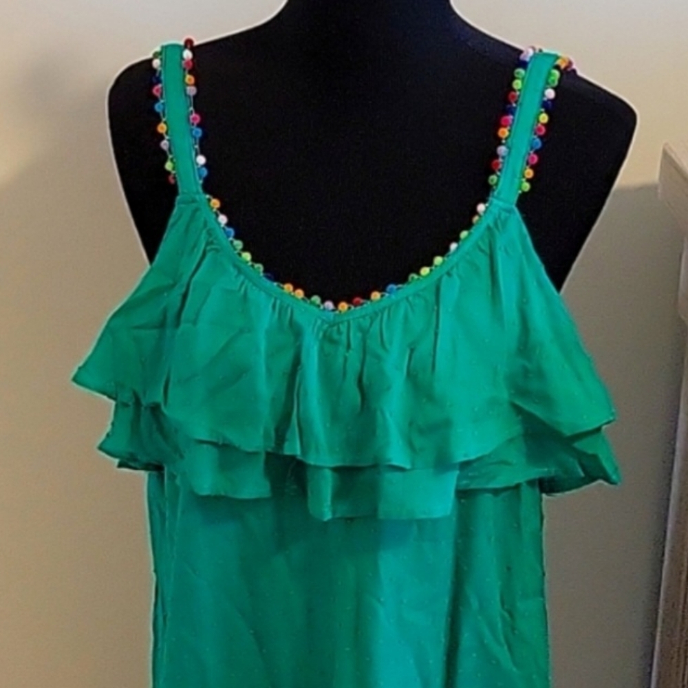 Green Flowy Dress with multicolor Poms
